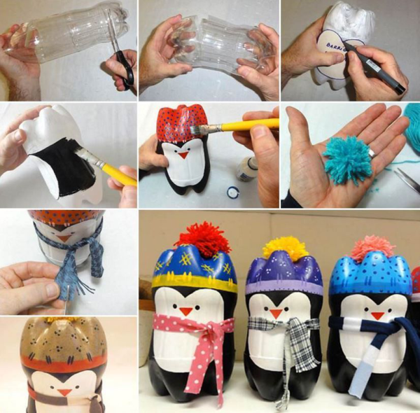 Елочные игрушки из пластиковых бутылок пингвины