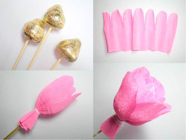 Цветы из гофробумаги с конфетами