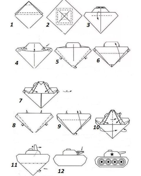 Танк оригами из бумаги для детей дошкольного возраста схема