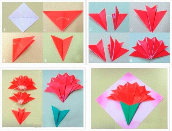 Гвоздика оригами из бумаги к 9 мая для детей