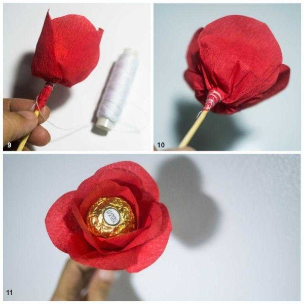 Розы из гофробумаги с конфетами