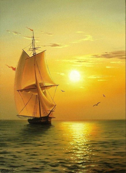 Картина лодка на фоне заката