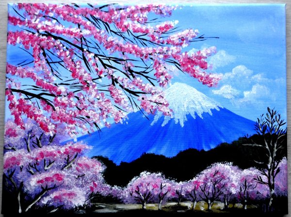 Картина сакура на фоне гор
