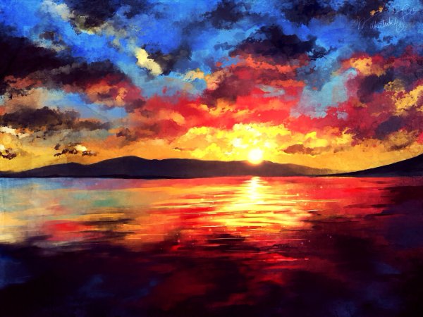 Картина закат на фоне моря