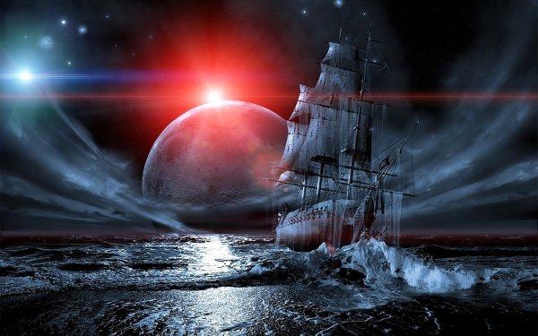 Корабль на фоне луны