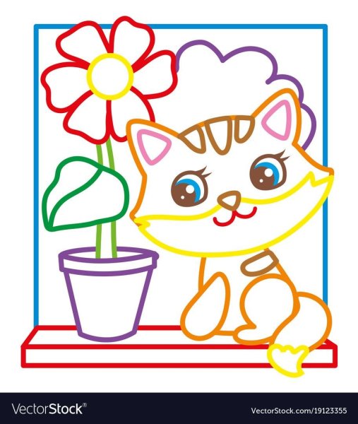 Раскраска с цветным контуром котенок