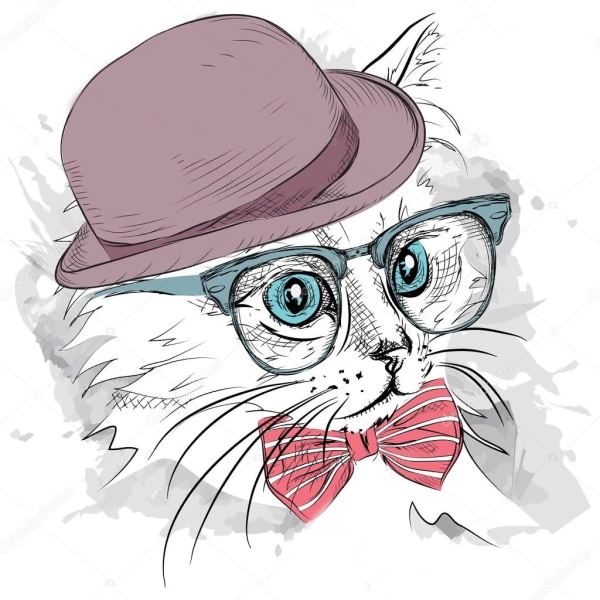 Кошка в очках и шляпе