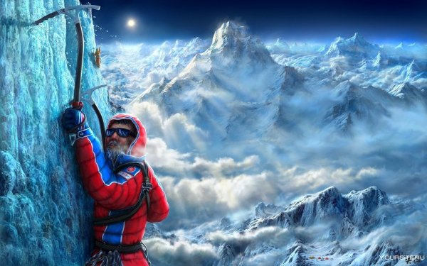 Альпинист на вершине горы Эверест