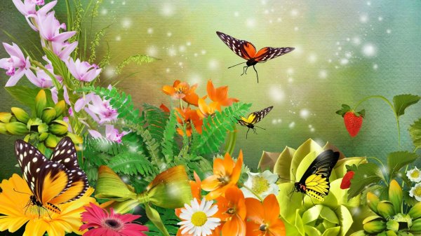 Летний фон с бабочками и цветами