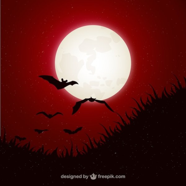 Летучие мыши на фоне красной Луны