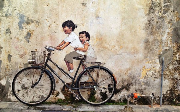 Мальчик на велосипеде живопись