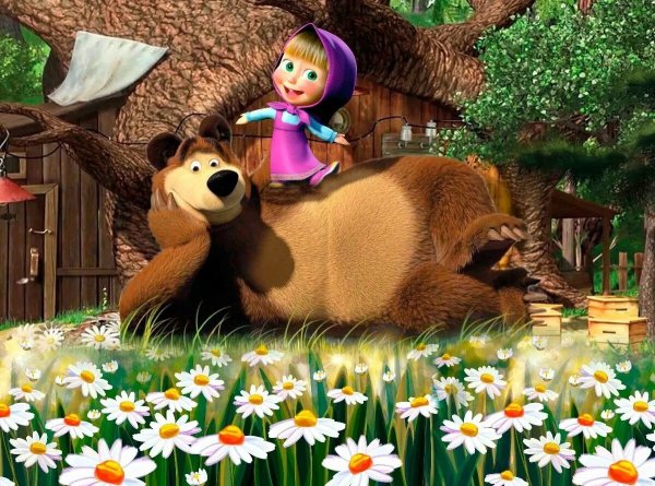 Маша и медведь на фоне цветов