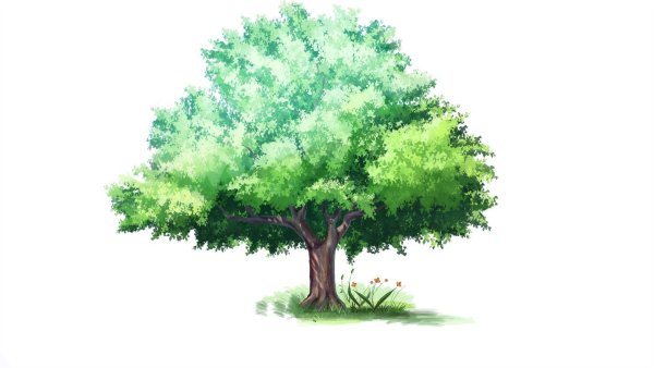 Нарисованное дерево на зеленом фоне