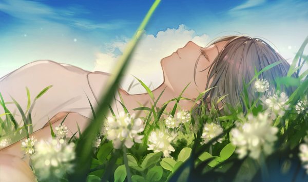 Девушка лежит на траве арт