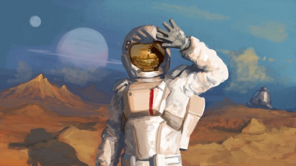 Космонавт в скафандре на Марсе