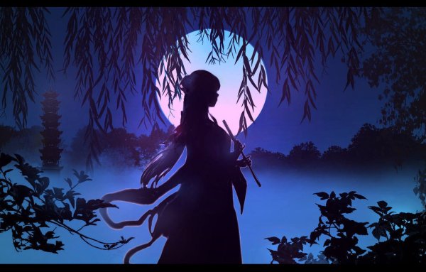 Девушка в ночном лесу арт