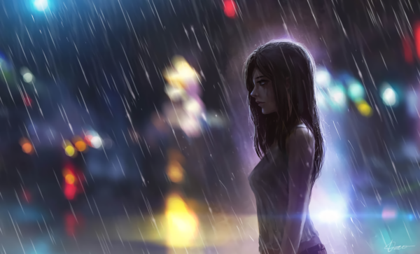 Девушка под дождем ночью