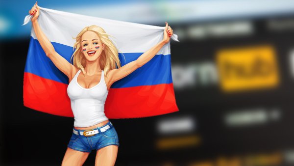 Белокурая девушка с российским флагом