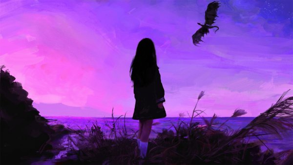 Девушка на фоне фиолетового неба