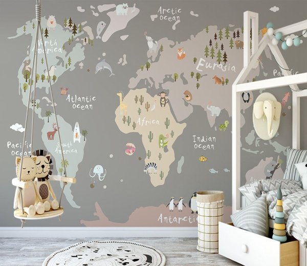 Дизайн детской с картой мира на стене