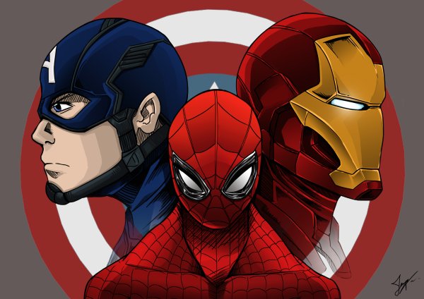 Человек паук Железный человек и Капитан Америка