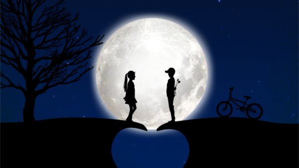 Силуэты влюбленных на фоне Луны