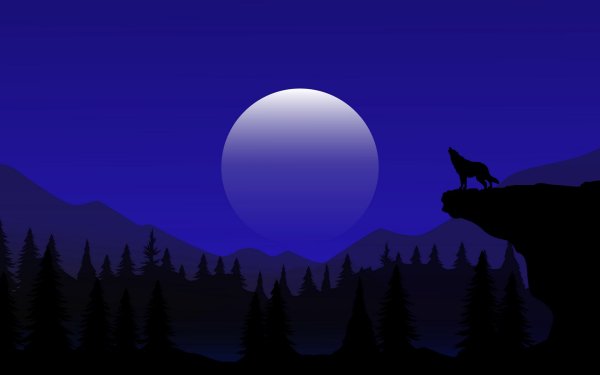 Волк и Луна в деревьях