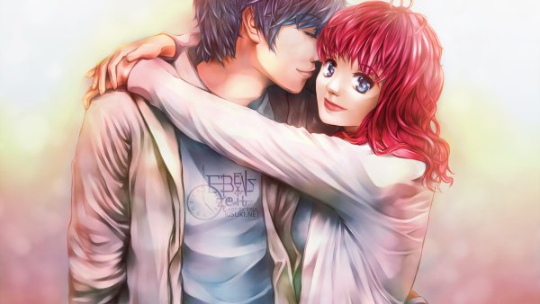 Парень обнимает девушку аниме обои