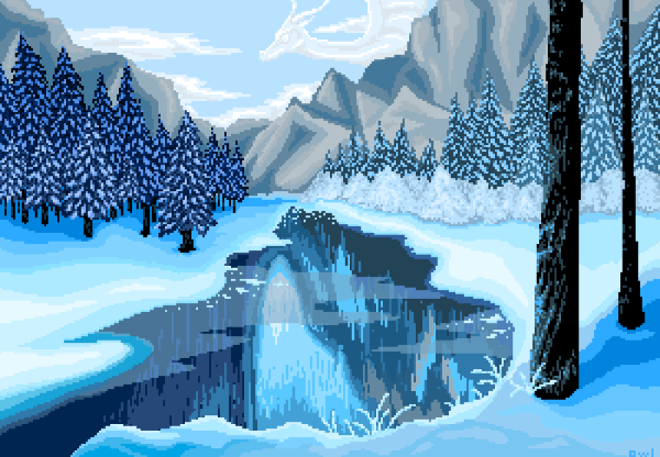 Зимний пейзаж пиксель арт