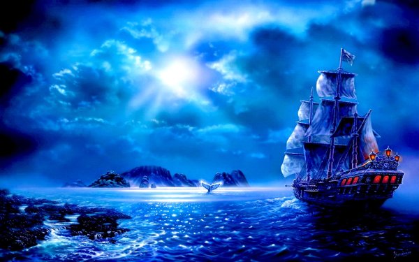 Пиратский корабль на фоне луны