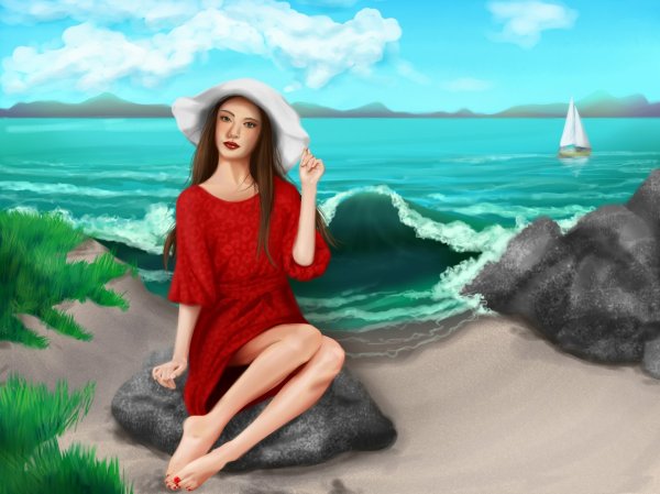 Девушка у моря картина