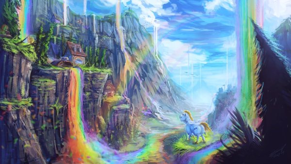 Сказочный пейзаж с радугой