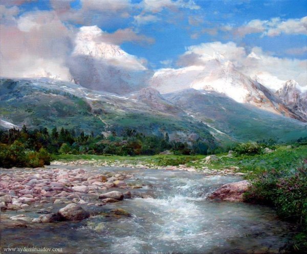 Река на фоне гор картина