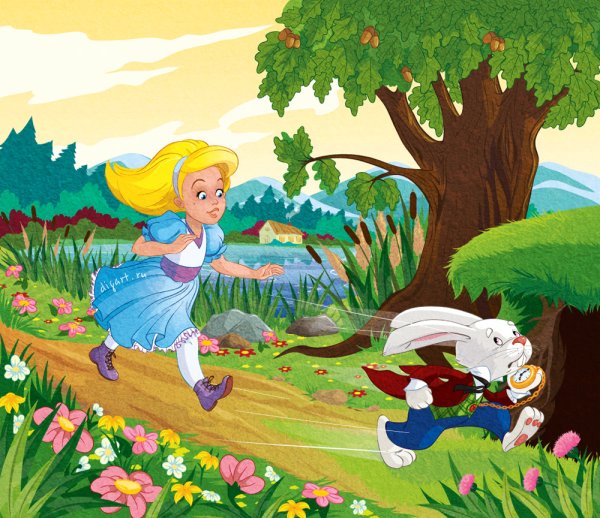 Алиса в стране чудес бежит за кроликом