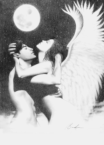 Мужчина ангел обнимает девушку