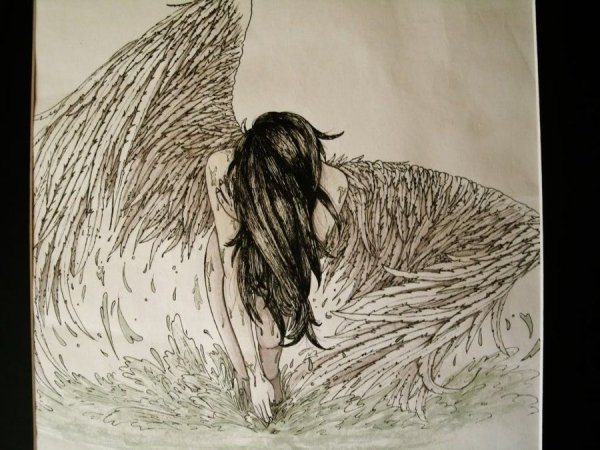 Девушка с крыльями карандашом