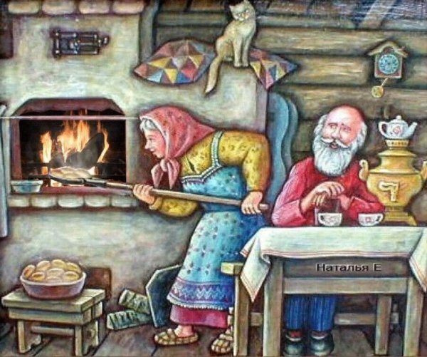 Бабушка печет пирожки в русской печке