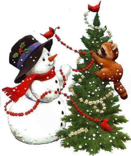 Снеговик с елкой на белом фоне