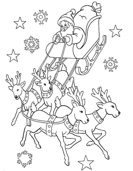 Дед Мороз на санях с оленями раскраска