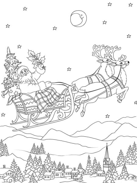 Дед Мороз на санях с оленями раскраска