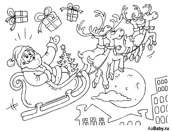 Раскраска Санта Клаус на оленях