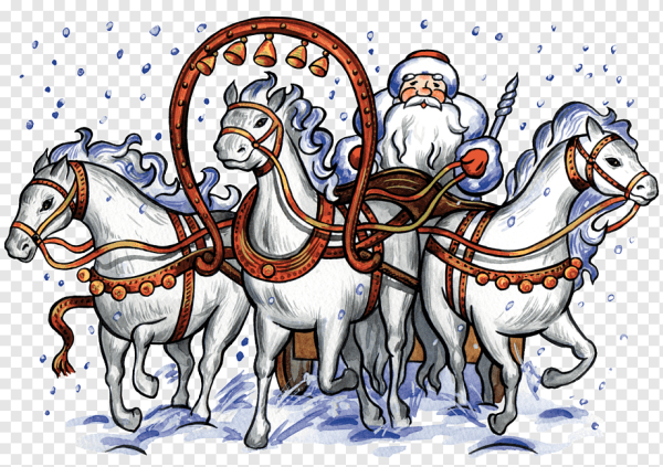 Рисунки дед мороз на санях с лошадьми