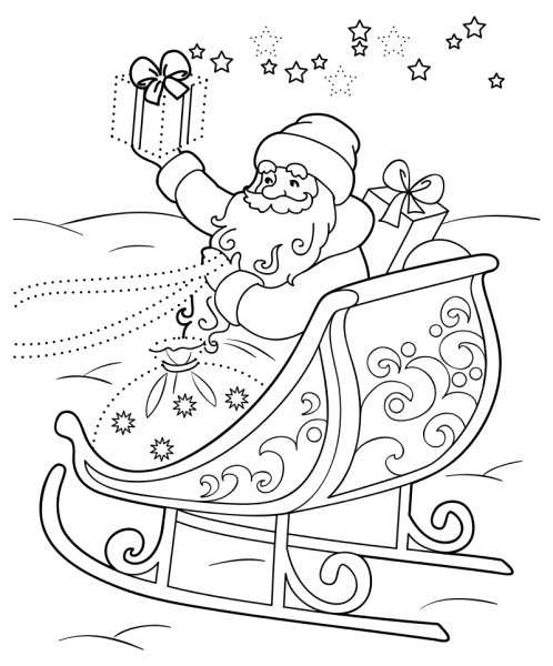 Раскраска Новогодняя для детей с дед Морозом на санках