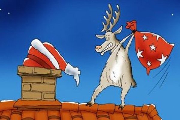 Санта Клаус на крыше с оленями