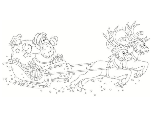 Дед Мороз на санях с оленями
