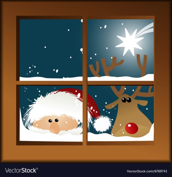Дед Мороз и олень заглядывают в окно