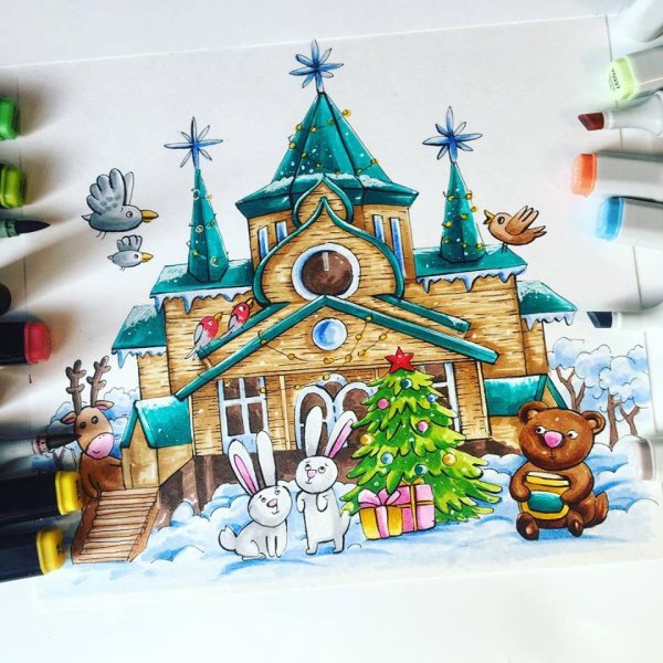 Рисование резиденции Деда Мороза для детей