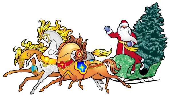 Дед Мороз на санях с лошадьми
