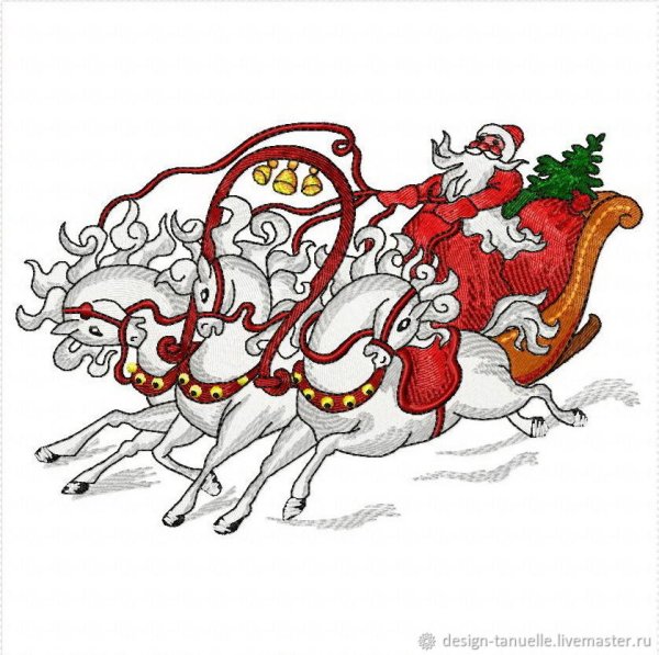 Дед Мороз на тройке лошадей рисунок