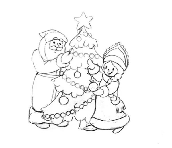 Дед Мороз Снегурочка и елка рисунок